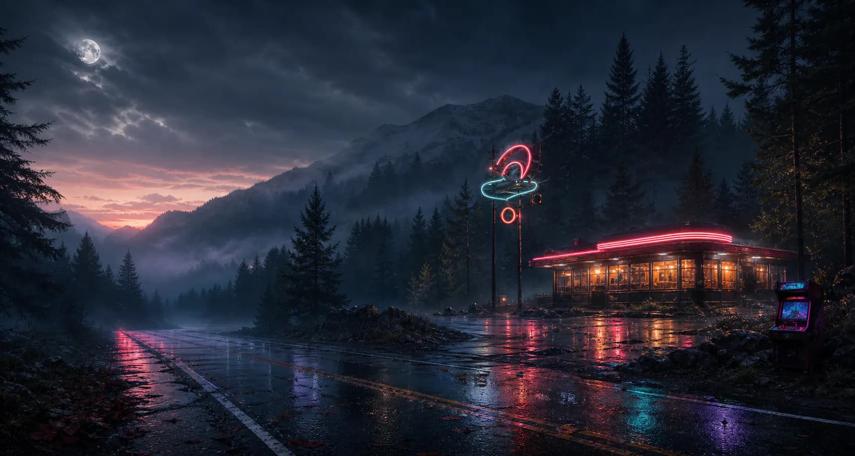 A neon-lit diner at the edge of a misty evergreen forest
